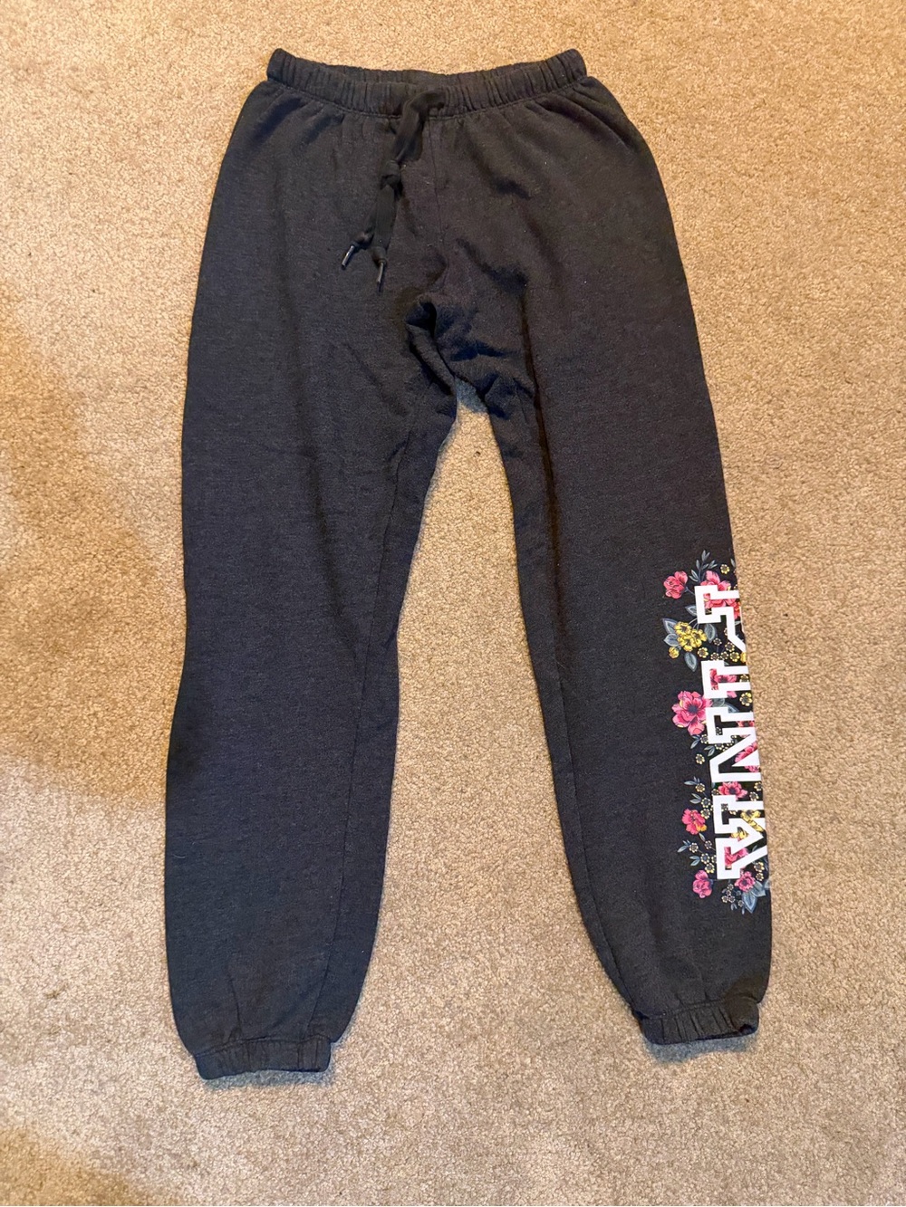 PINK Victoria's Secret Dark Gray Womens Sweatpants with Floral 'VINTAGE' Print